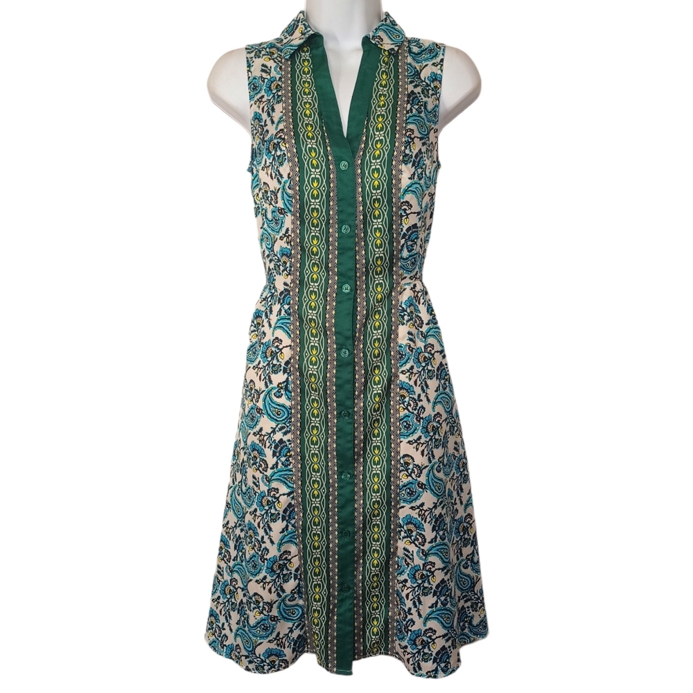 THE LIMITED Blue Green Floral Paisley Stripe Print Button Front A-Line Dress S
